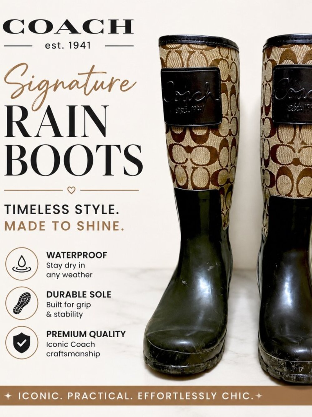 Coach Signature Rain Boots Women’s Size 7.5 Brown Black Waterproof Designer Boot